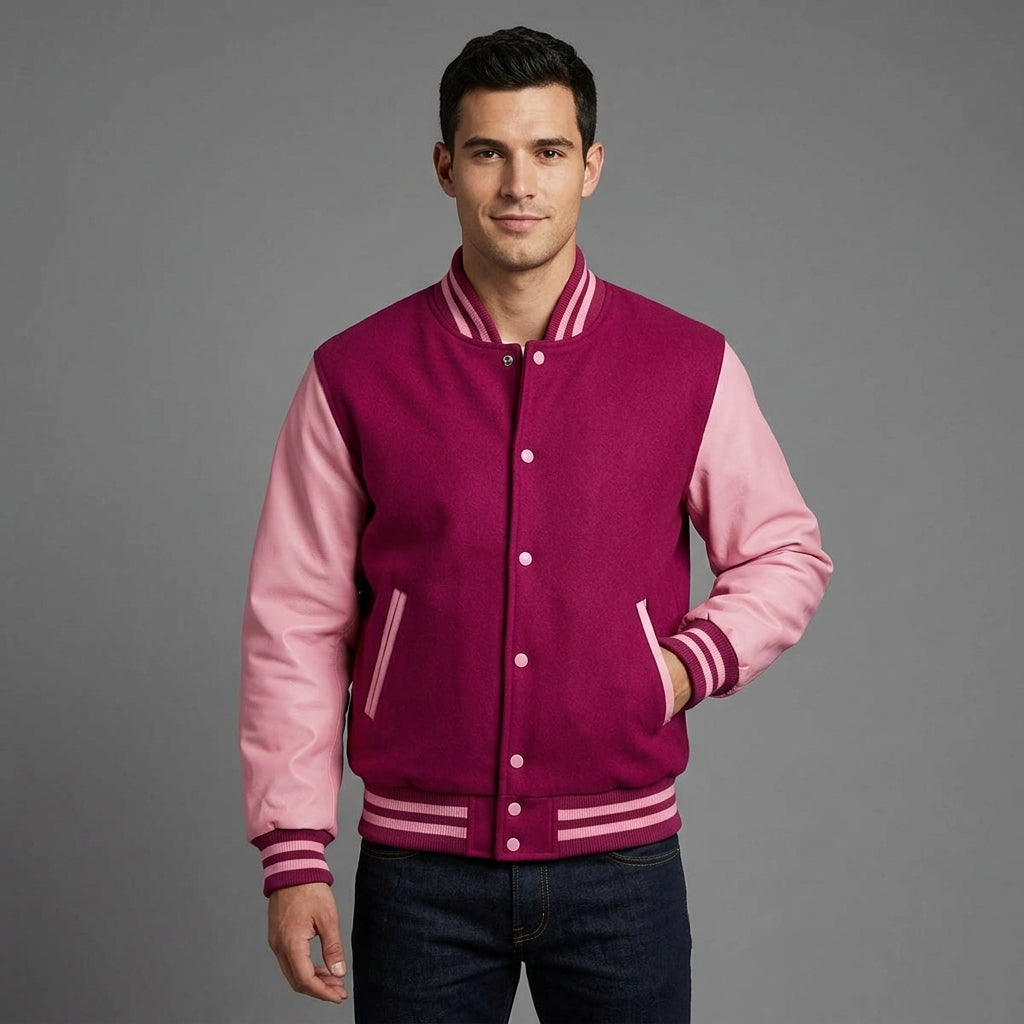 Men’s Burgundy Wool & Pink Leather Letterman Jacket – College Varsity Bomber