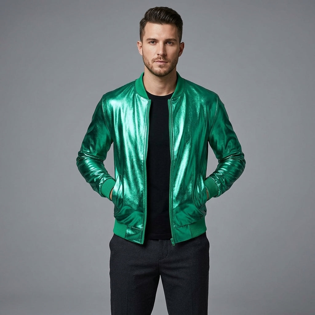 Men’s Green Metallic Varsity Jacket – 70’s Disco Bomber Party Jacket