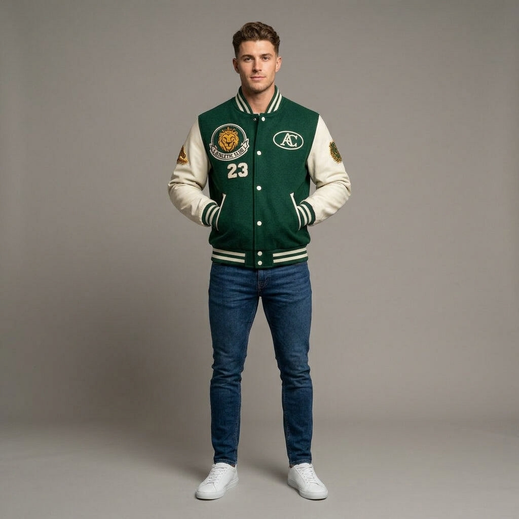 Men’s Green Wool Blend Varsity Jacket – Classic Letterman Bomber