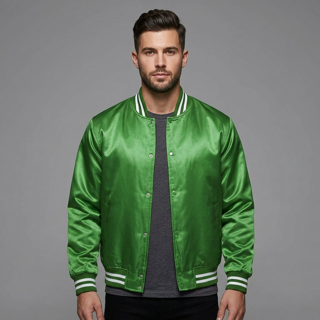 Men’s Satin Polyester Varsity Jacket – Retro Zip Casual Bomber