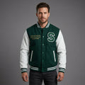 Men’s Green Varsity Jacket – Letter Embroidery & Faux Leather Sleeves