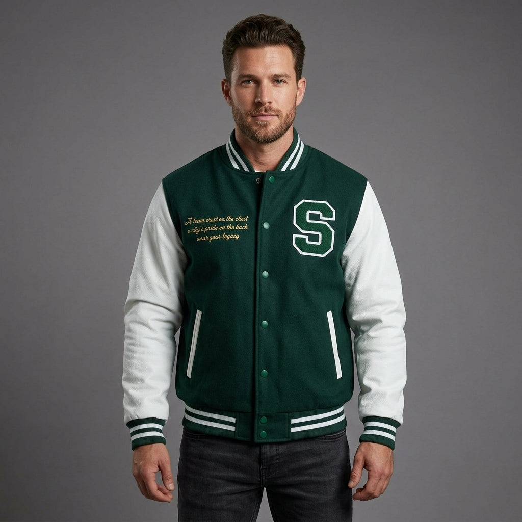 Men’s Green Varsity Jacket – Letter Embroidery & Faux Leather Sleeves