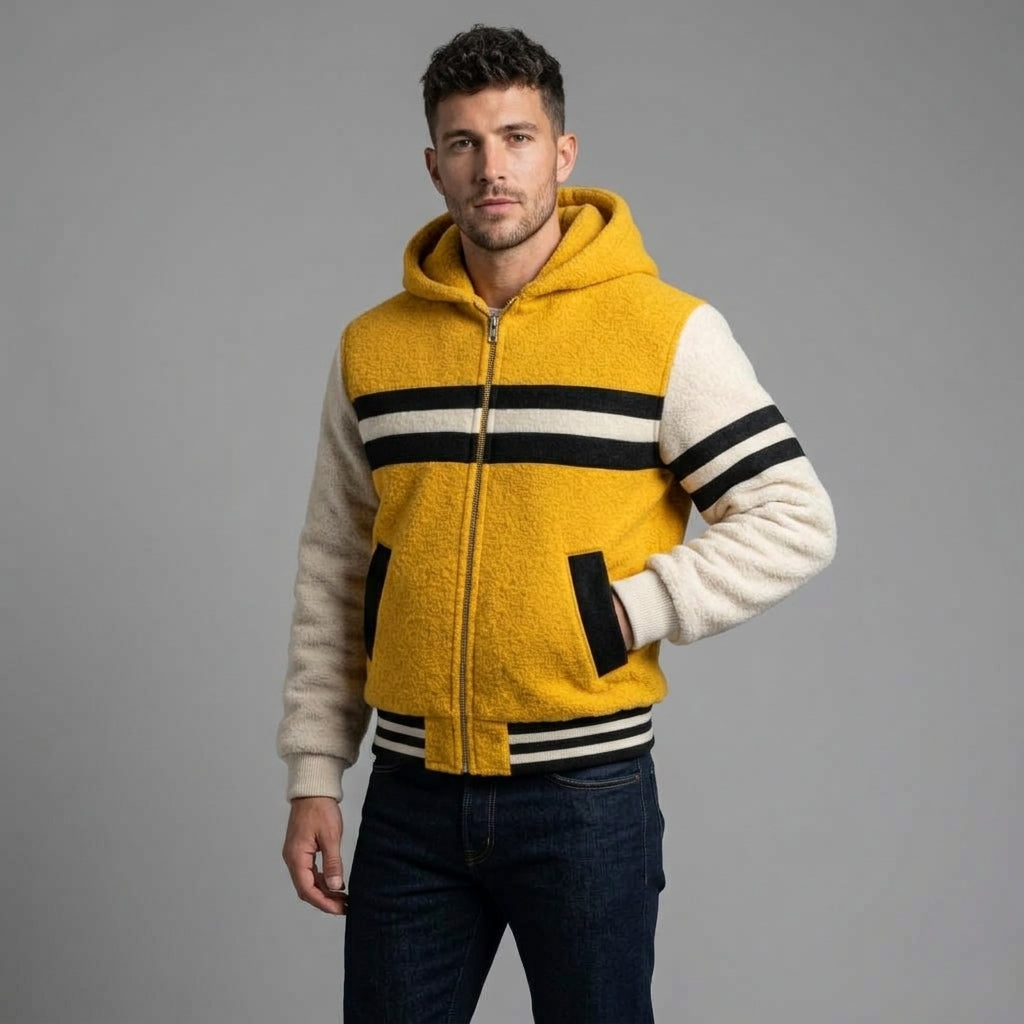 Men’s Yellow & White Hooded Varsity Jacket – Zip-Up Letterman Hoodie