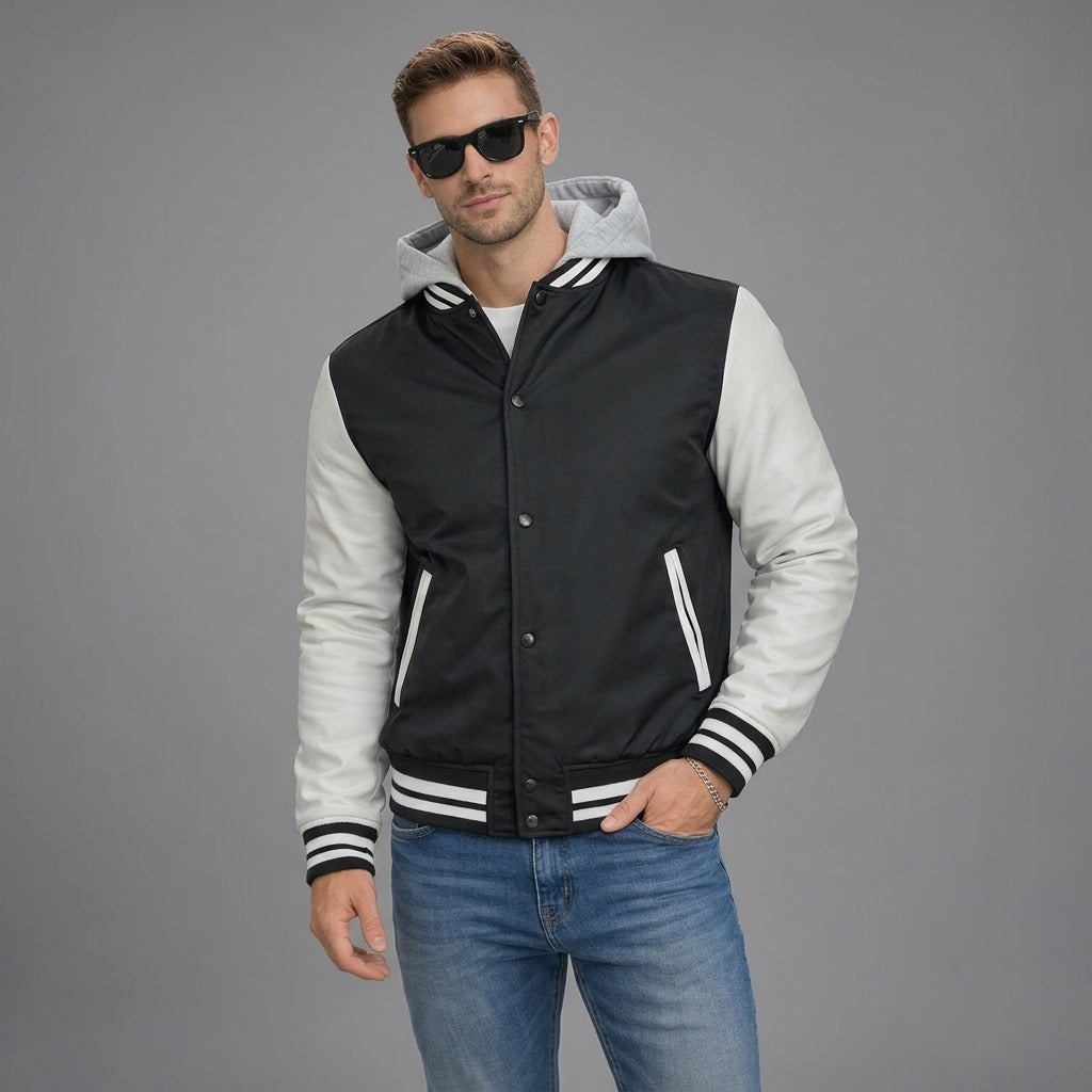 Men’s Black & White Sleeve Hooded Varsity Jacket – Snap Button Letterman Bomber