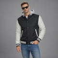 Men’s Black & White Sleeve Hooded Varsity Jacket – Snap Button Letterman Bomber
