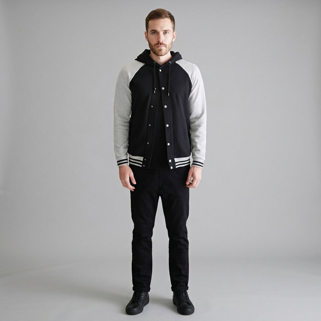 Men’s Black & Grey Hooded Varsity Jacket – Classic Letterman Bomber