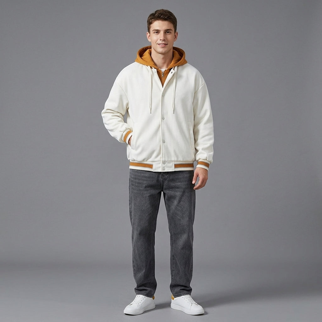 Men’s Hooded Baseball Varsity Jacket – Full Zip Contrast Letterman Hoodie