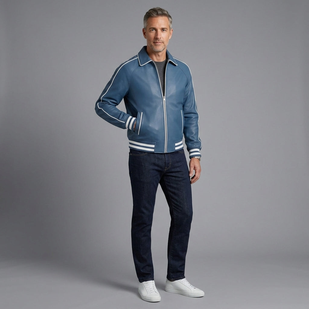 Handmade Blue Sheepskin Leather Varsity Jacket – 90s Retro Letterman