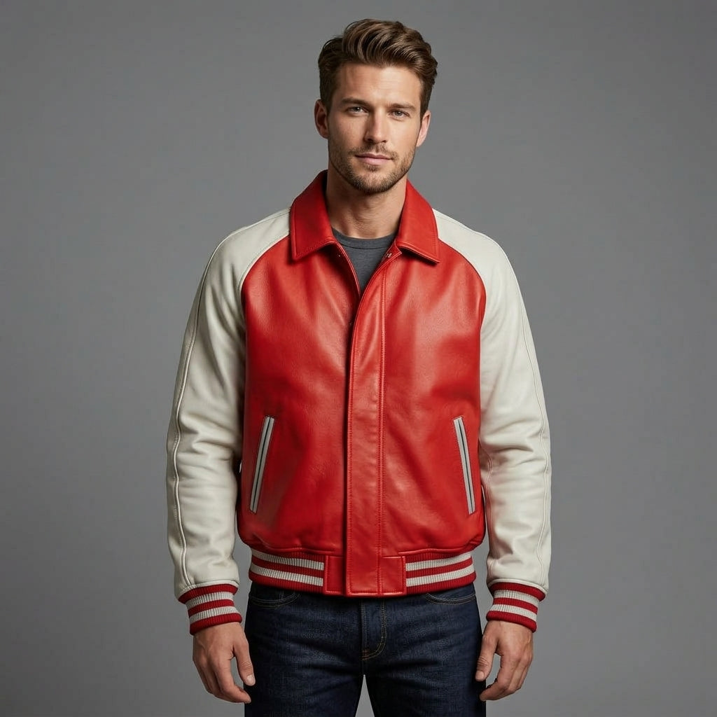 Luxury Red & Cream Lambskin Leather Varsity Jacket – College Letterman