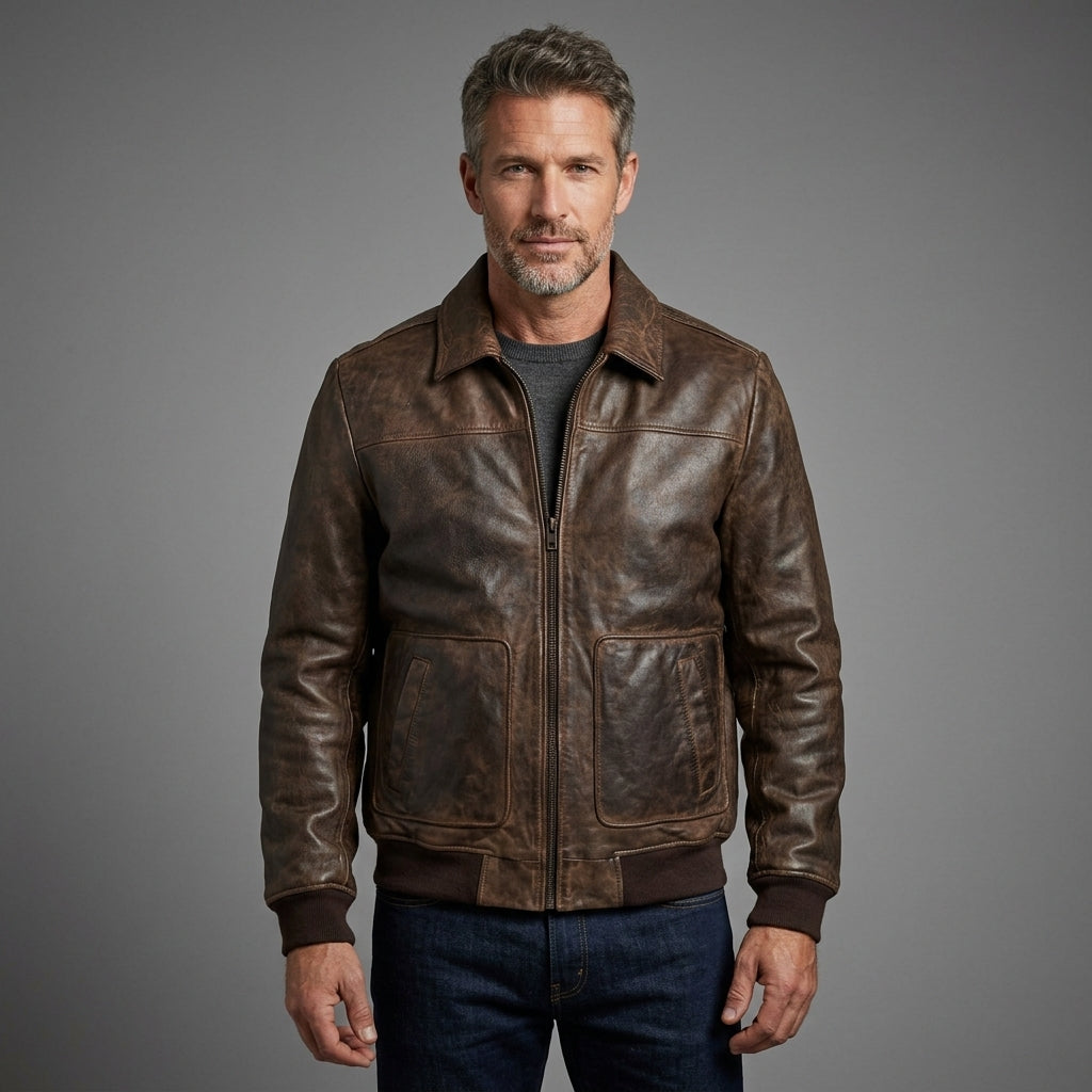 Men’s Brown Sheepskin Leather Bomber Jacket – Vintage Distressed Wax Finish