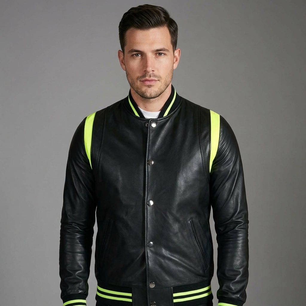 Men’s Black Sheepskin Leather Varsity Jacket – Genuine Letterman Bomber