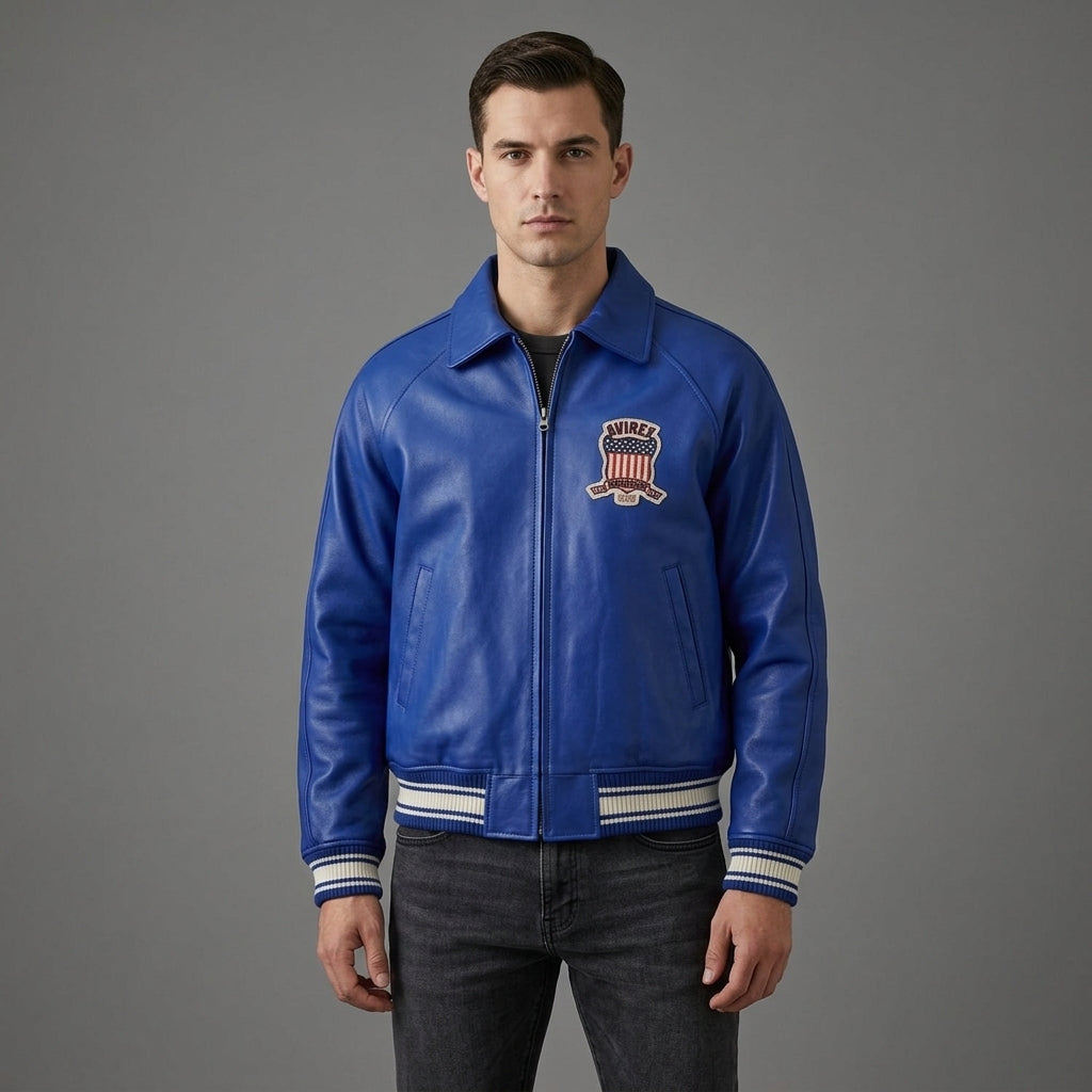 Men’s Blue Lambskin Leather Varsity Jacket – Ribbed Trim Bomber jacket