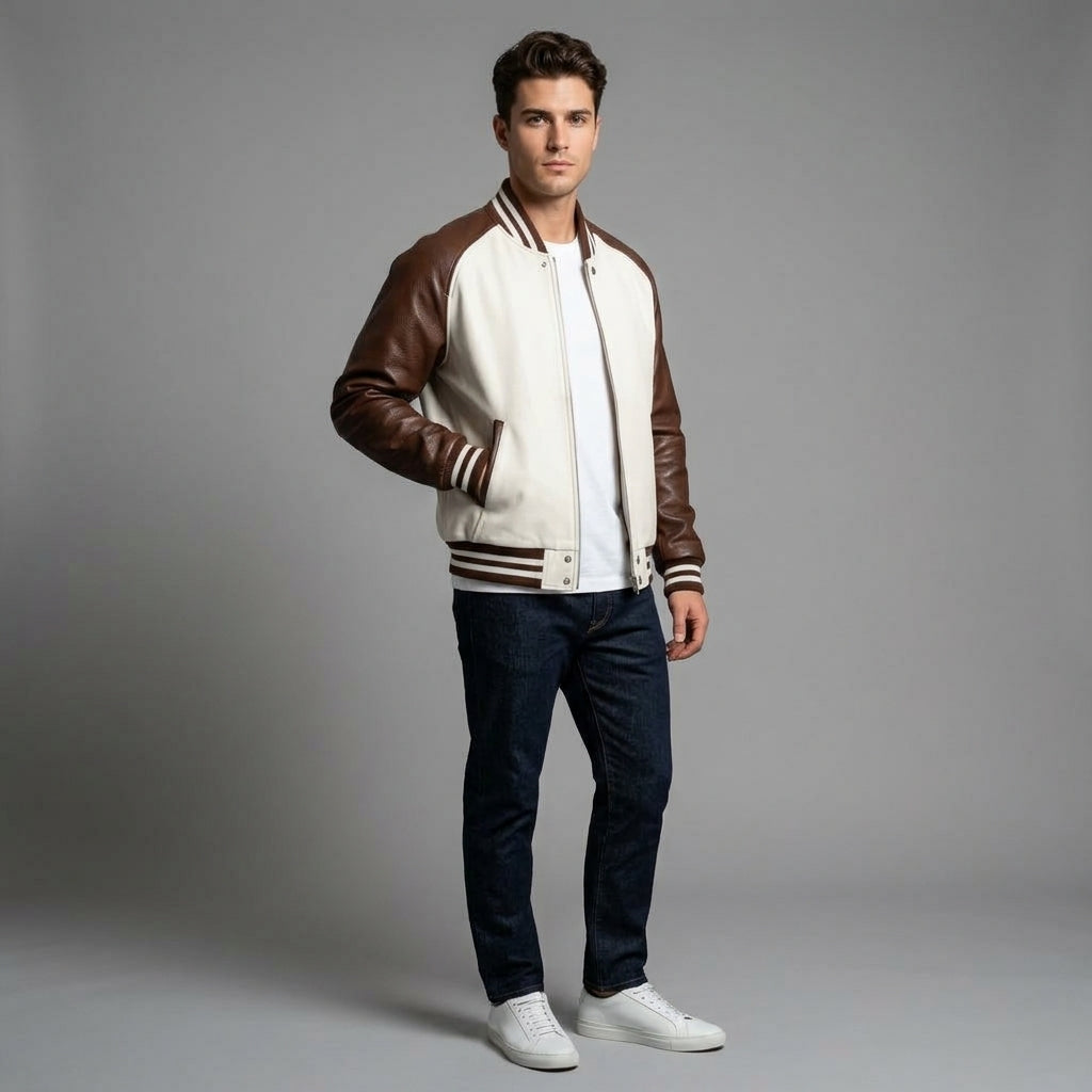 Men’s Brown & White Leather Varsity Jacket – Genuine Zipper Letterman