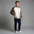 Men’s Brown & White Leather Varsity Jacket – Genuine Zipper Letterman