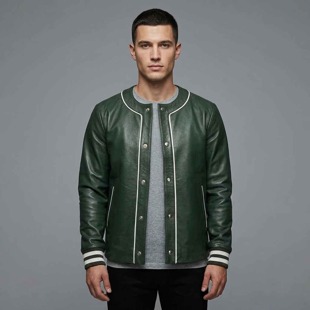 Men’s Green Sheepskin Leather Varsity Jacket – Sporty Button-Down Letterman