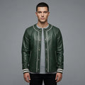 Men’s Green Sheepskin Leather Varsity Jacket – Sporty Button-Down Letterman