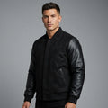 Full-Zip Black Wool & Faux Leather Varsity Letterman Jacket – Men’s Classic