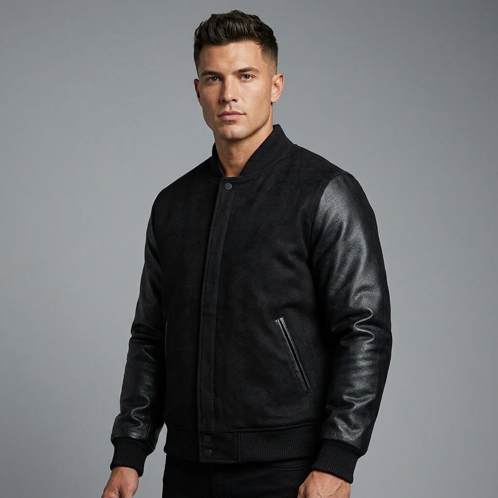 Full-Zip Black Wool & Faux Leather Varsity Letterman Jacket – Men’s Classic