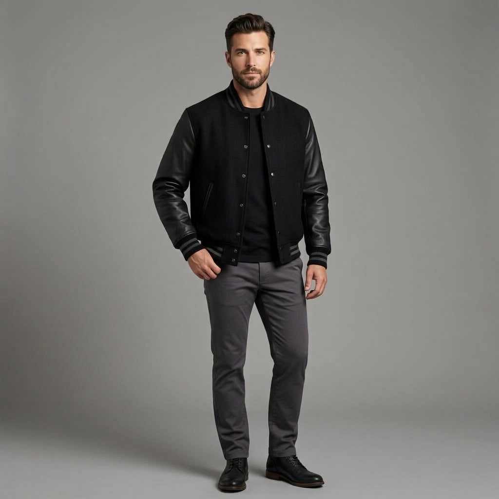 Men’s Black Leather Sleeve Varsity Jacket – Classic Letterman