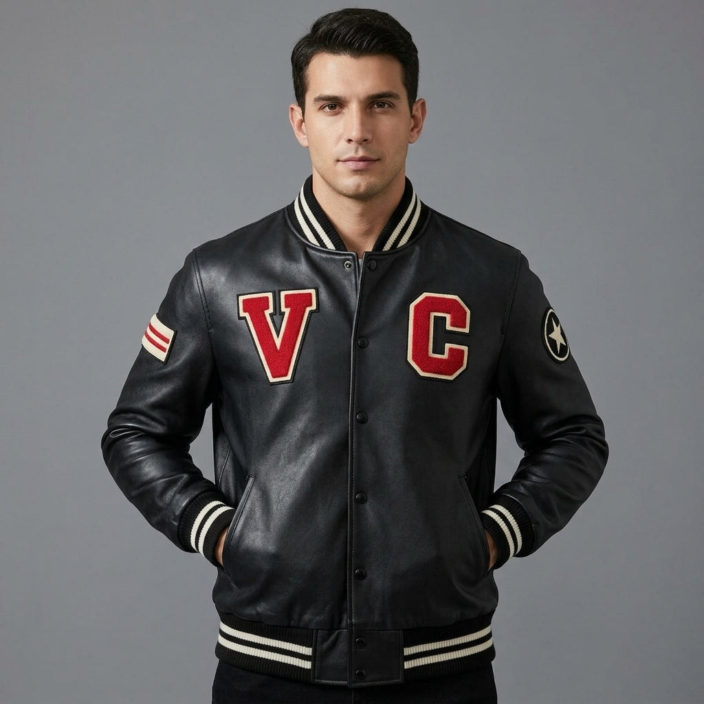 Men’s Black Leather Varsity Jacket – Personalized Letterman Bomber