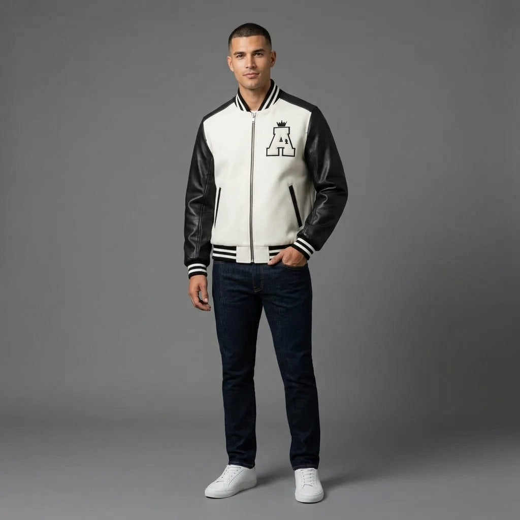 Men’s Black & White Leather Varsity Jacket