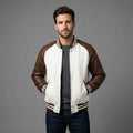 Men’s Brown & White Leather Varsity Jacket – Zipper Letterman