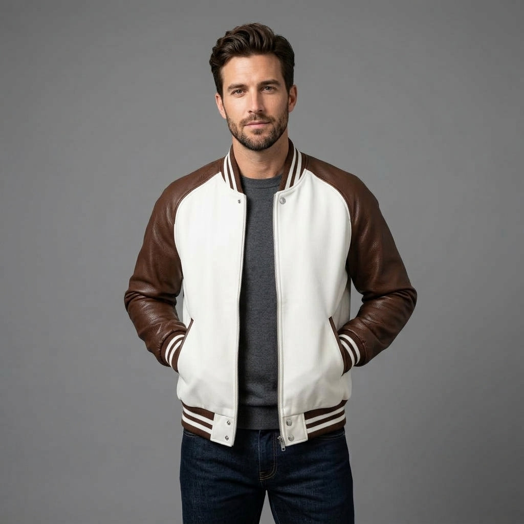 Men’s Brown & White Leather Varsity Jacket – Zipper Letterman