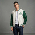 Men’s White & Green Leather Varsity Jacket – Zipper Letterman