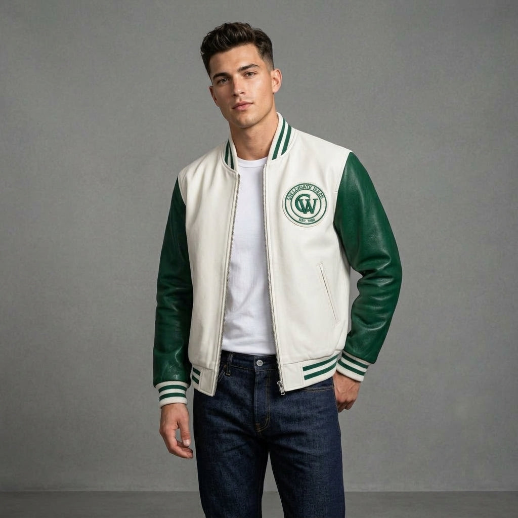 Men’s White & Green Leather Varsity Jacket – Zipper Letterman