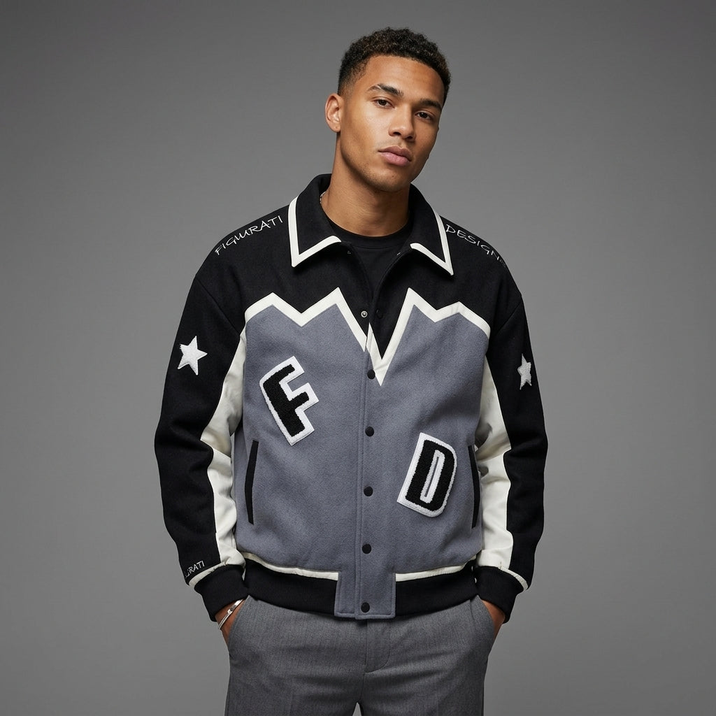 Men’s White, Grey & Black Varsity Jacket – Patchwork Streetwear