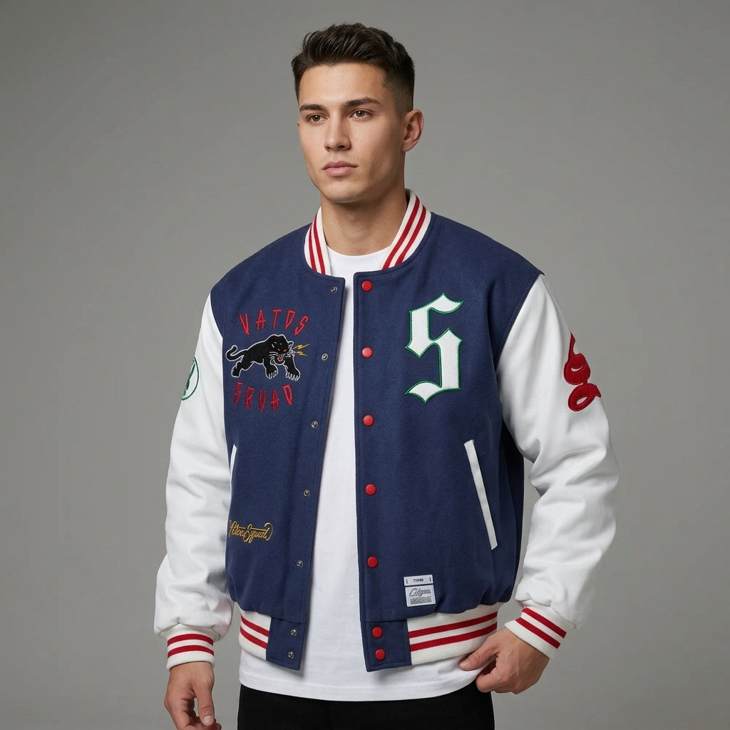 Men’s Blue Oversized Varsity Jacket – Classic Letterman with White Sleeves