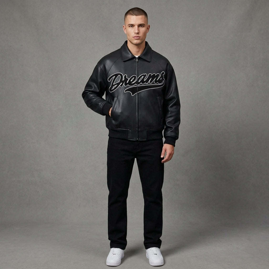 Men’s Black Leather Varsity Jacket – Oversized Embroidered Logo Letterman