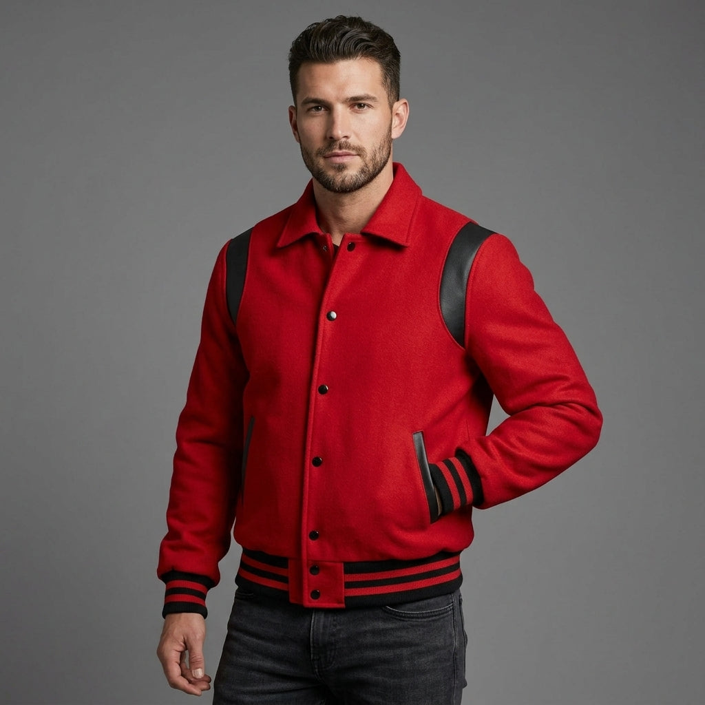 Men’s Red Wool Varsity Jacket – Classic Bomber Letterman Style