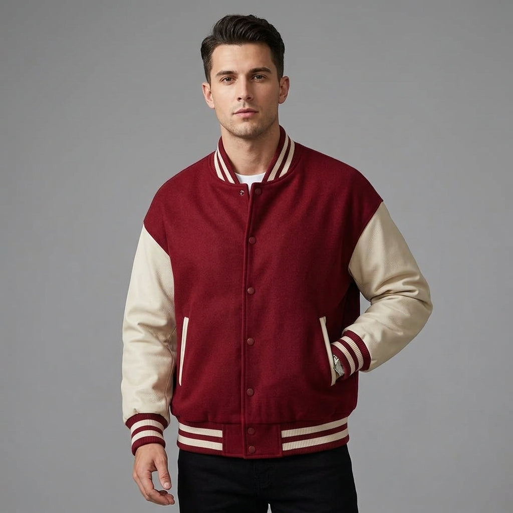 Men’s Red Wool Varsity Jacket – Leather Sleeves Custom Letterman Baseball Outerwear