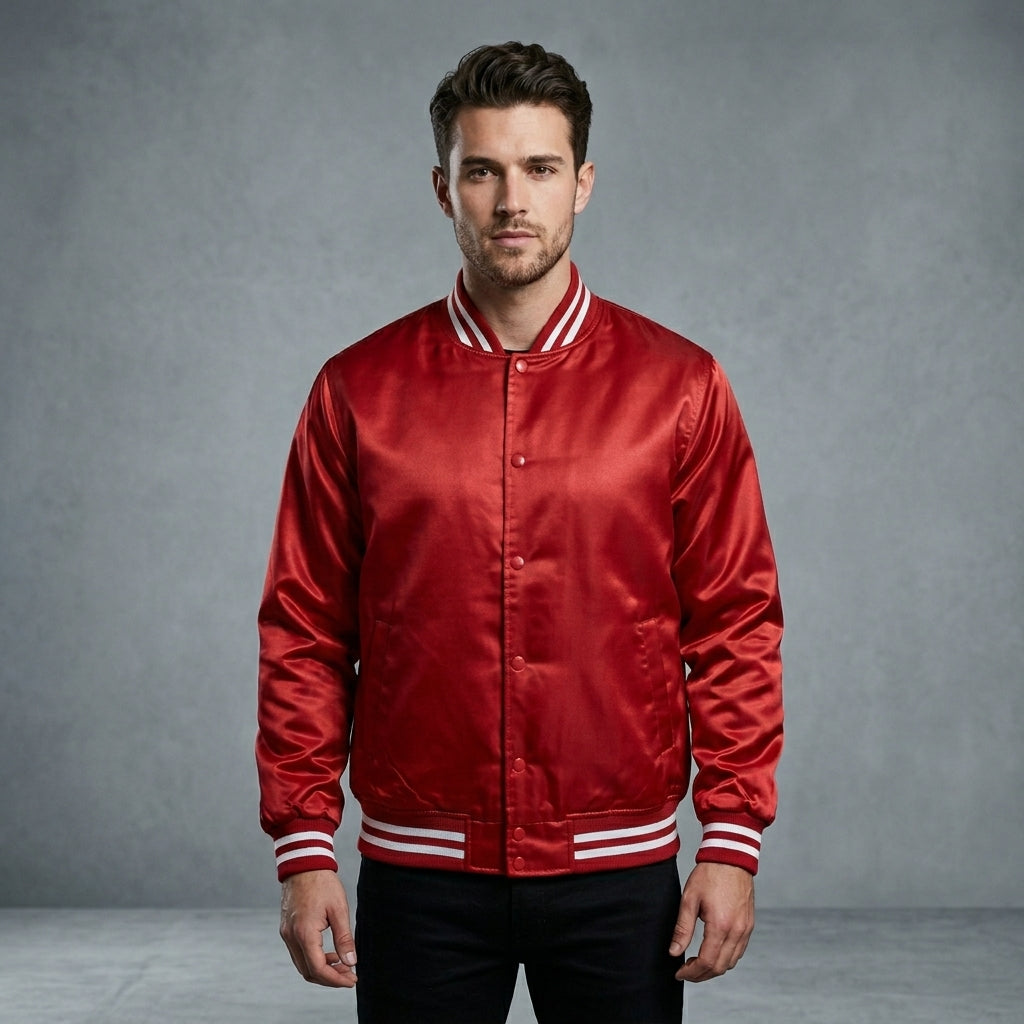 Men’s Premium Red Satin Varsity Jacket – Classic Letterman Bomber Style