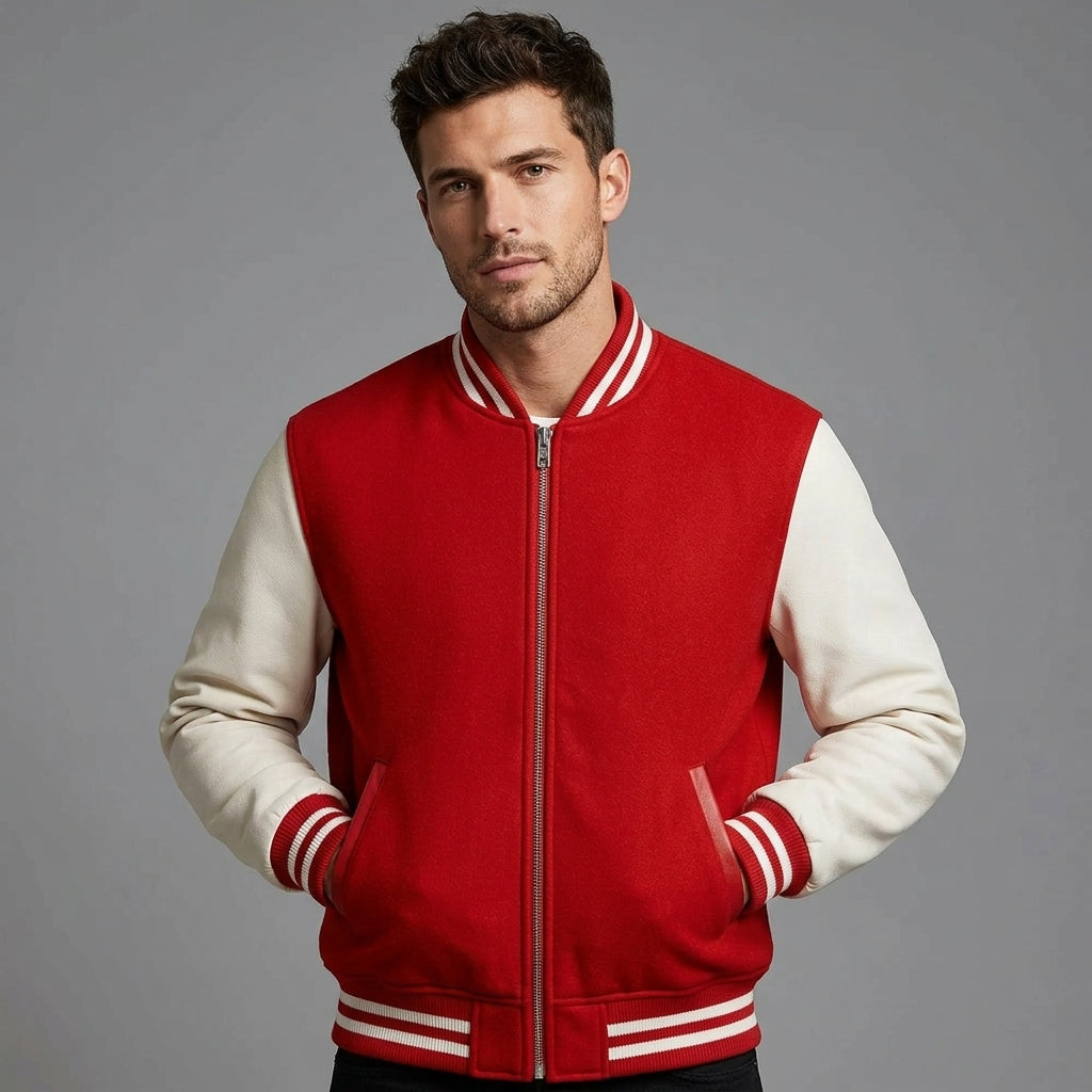 Men’s Red Varsity Letterman Jacket – Embroidered Wool Body with Leather Sleeves