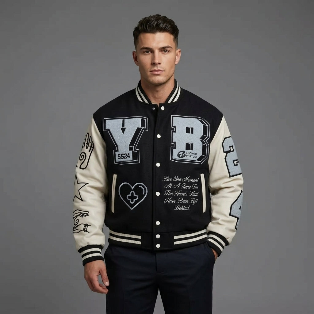Men’s American Chenille Embroidery Patch Varsity Jacket – Vintage Cropped Baseball Style