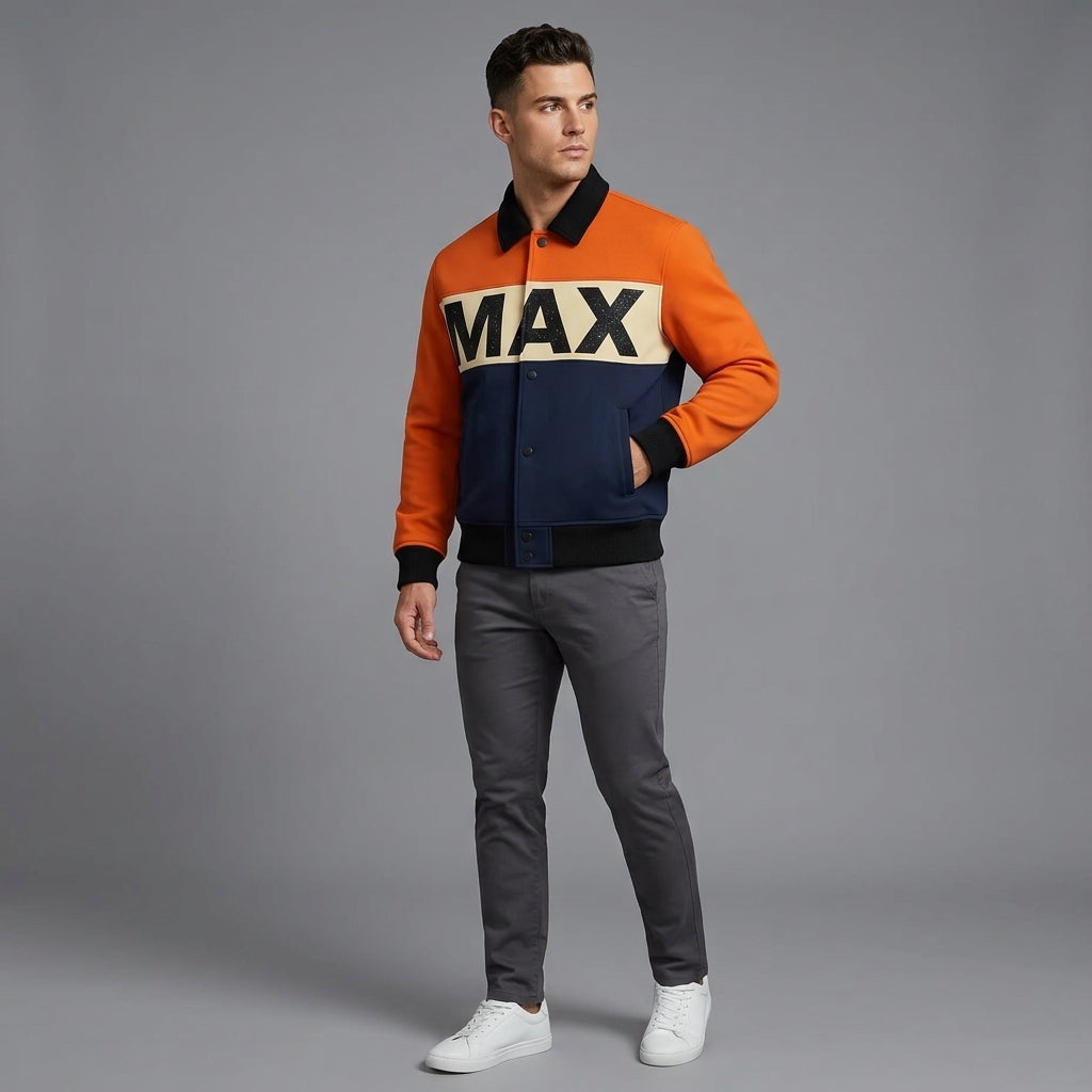 Men’s Navy Blue & Orange Varsity Jacket – Retro MAX Logo Leather Style