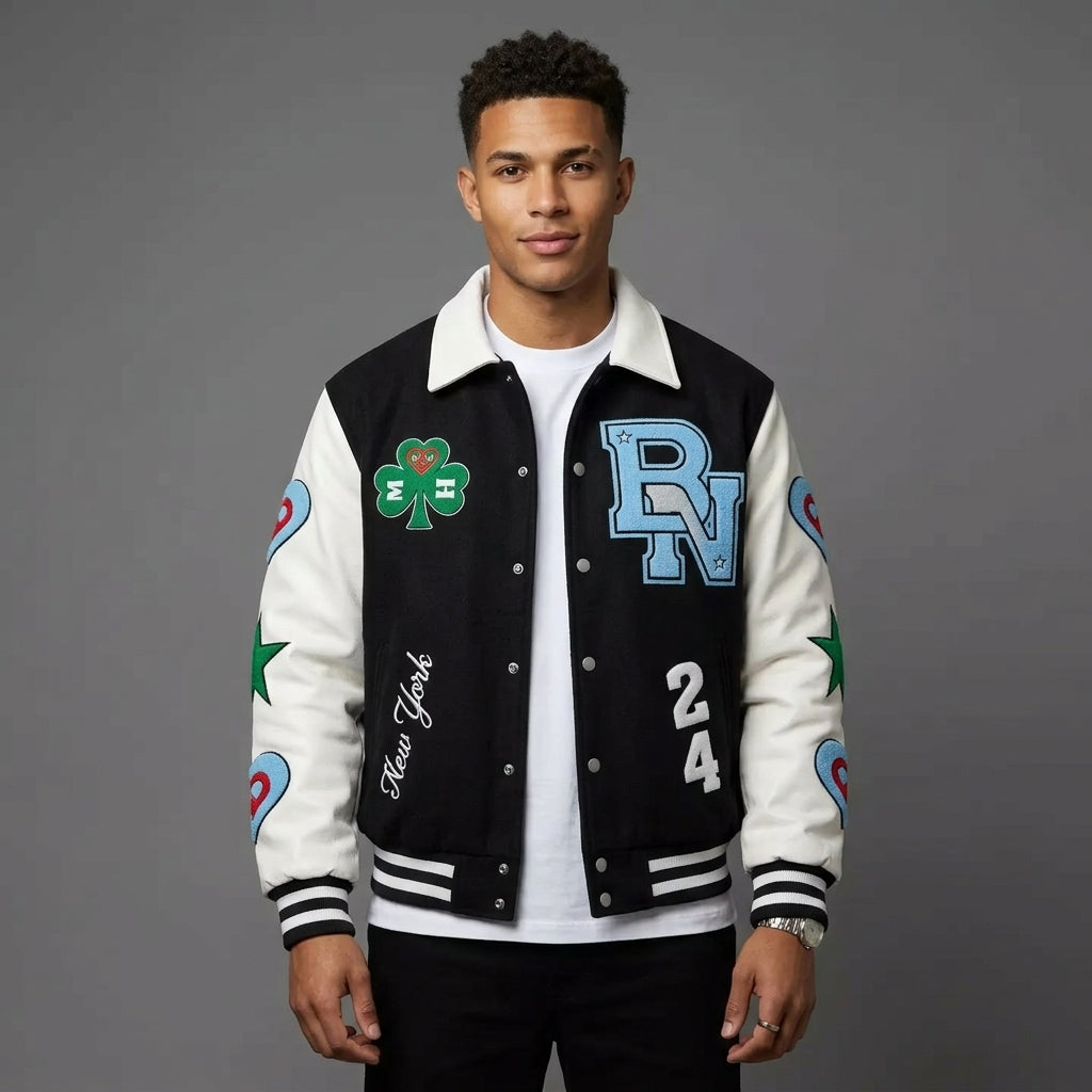 Men’s Black & White Varsity Jacket – Retro Patchwork Leather Style