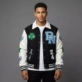 Men’s Black & White Varsity Jacket – Retro Patchwork Leather Style
