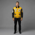 Men’s Yellow & Black Varsity Jacket – Retro Patchwork Leather Letterman