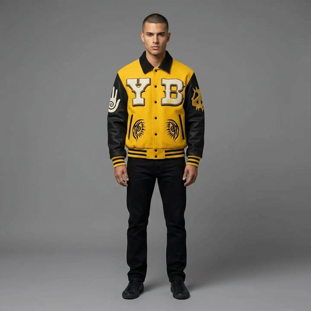 Men’s Yellow & Black Varsity Jacket – Retro Patchwork Leather Letterman