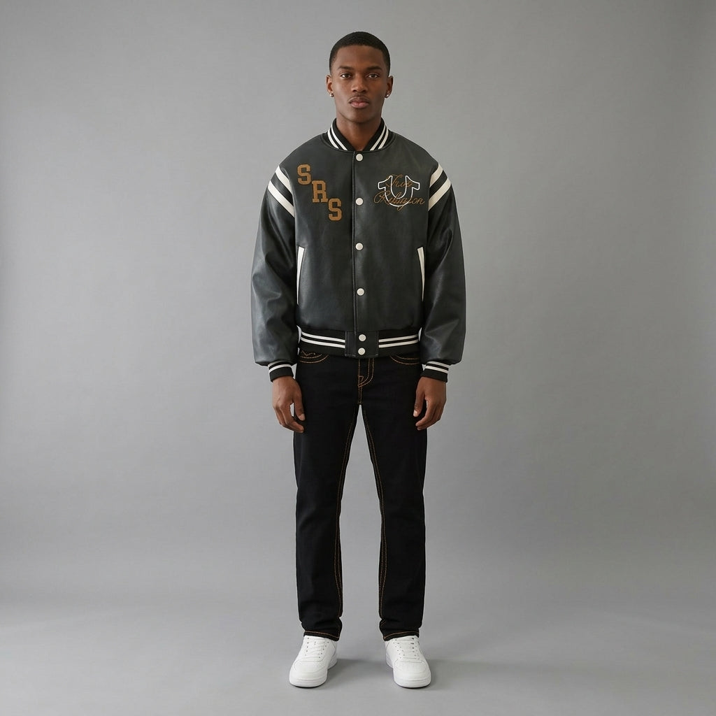 Men’s Black Retro Varsity Jacket – Patchwork Letterman Style