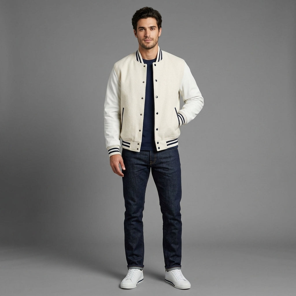 Men’s White Wool Varsity Jacket – Vintage Letterman with Leather Sleeves