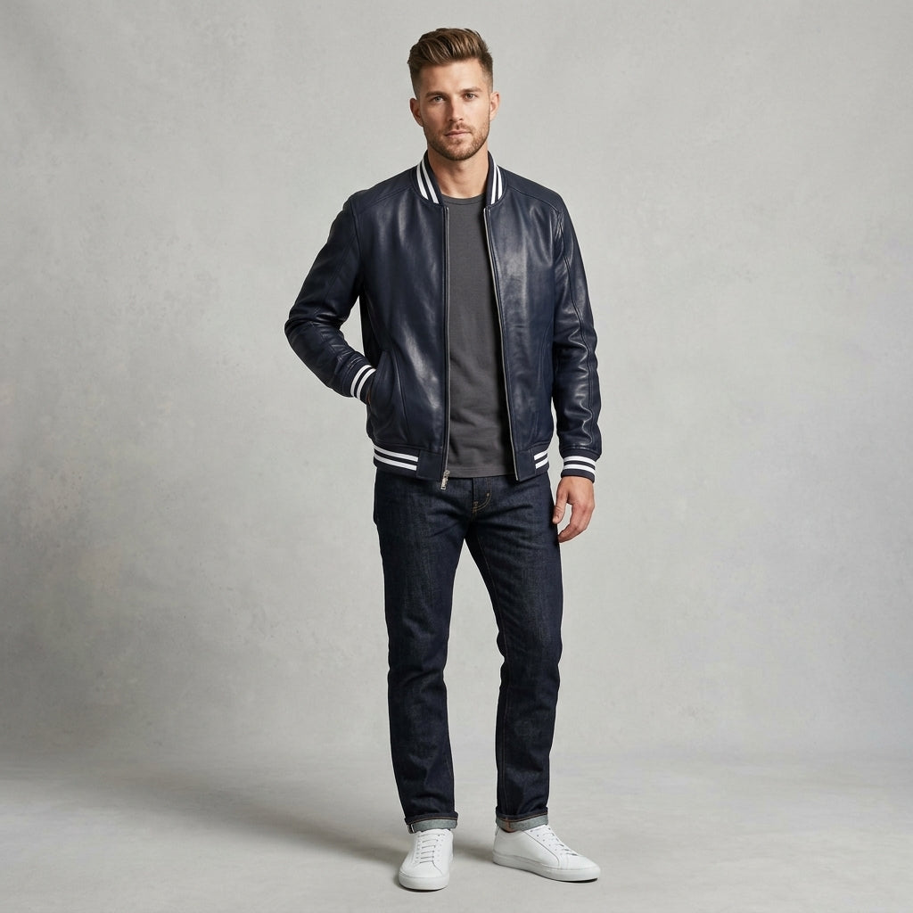 Men’s Slim Fit Blue Leather Varsity Jacket – Streetwear Letterman Style