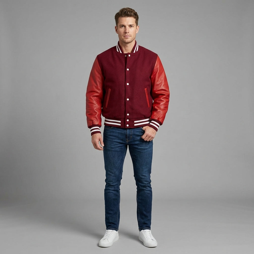 Men’s Maroon Wool Varsity Jacket – Slim Fit Leather Sleeves Baseball Letterman