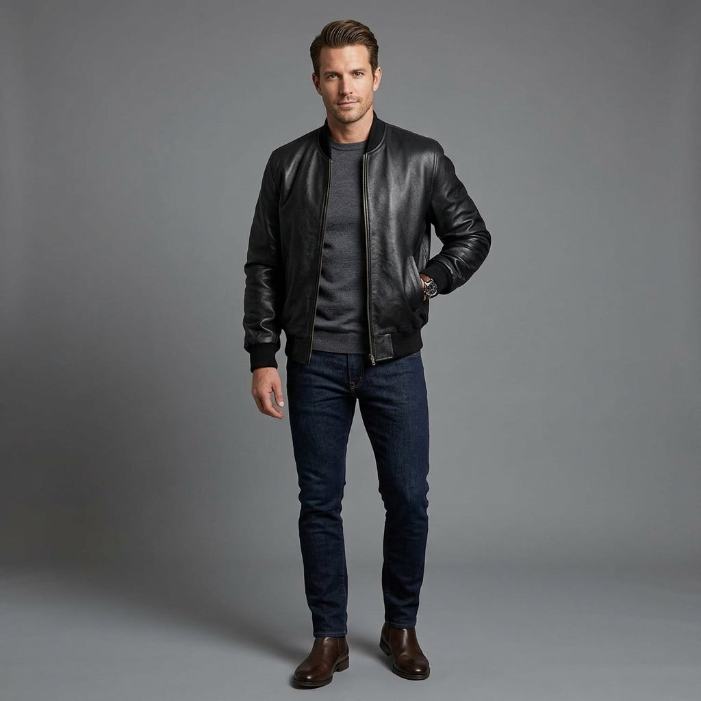 Men’s Genuine Cowhide Leather Varsity Jacket – Black Slim Fit Streetwear Style