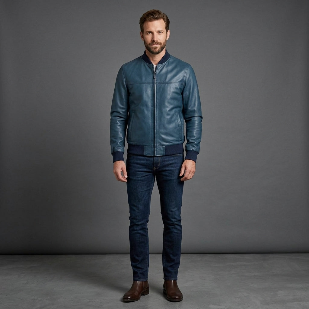 Men’s Navy Waxed Leather Bomber Jacket – Slim Fit Streetwear Style