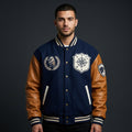 Men’s Navy Oversized Varsity Jacket – Embroidered Wool Letterman with Contrast Sleeves