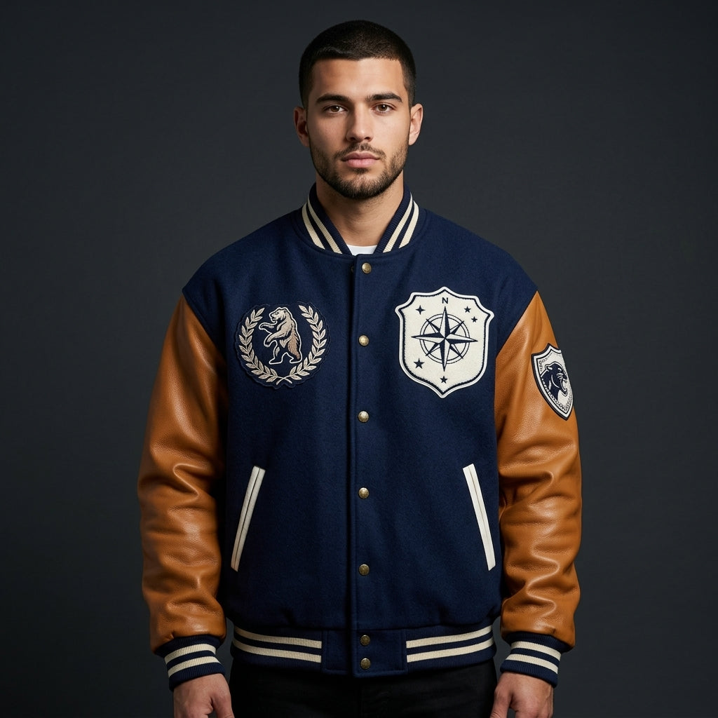 Men’s Navy Oversized Varsity Jacket – Embroidered Wool Letterman with Contrast Sleeves